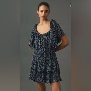NWT Anthropologie Ruffled Navy Floral Keyhole Mini Tiered Swing Dress Size XL